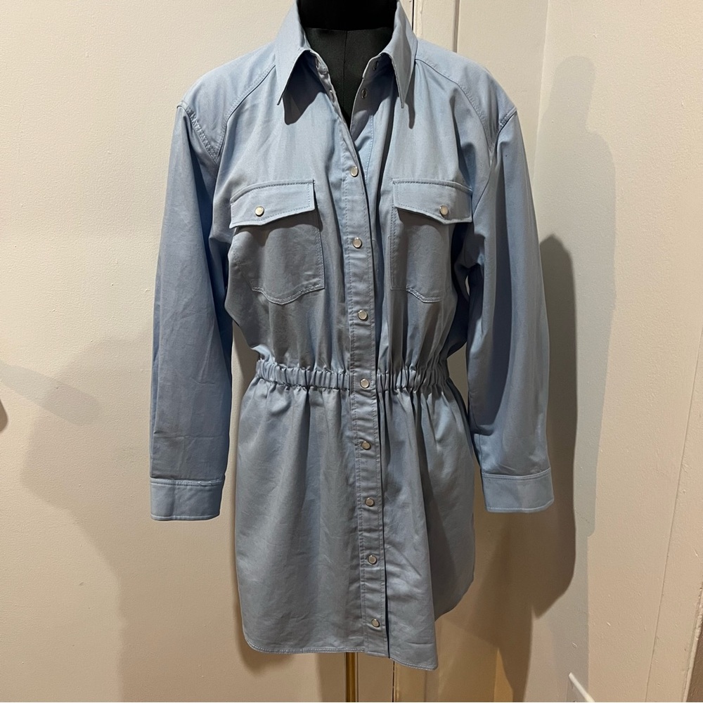 NEW NWT Zara mini shirt dress sky blue L Large $49.90 long sleeve poplin button
